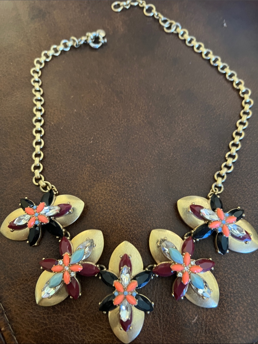 J. Crew Coral, Black, Burgundy And Clear Floral Statement Necklace - Gold Tone